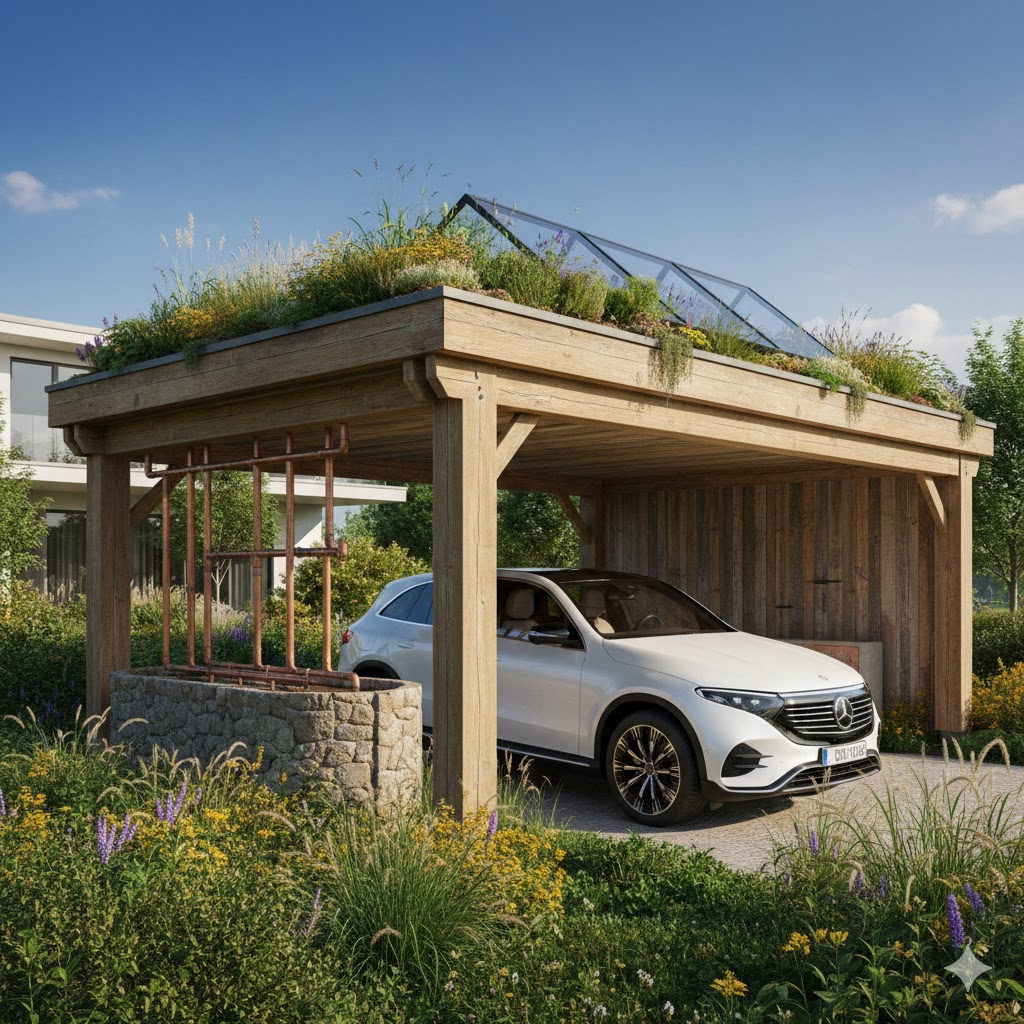 Modern car porch designs with green roof and 2026 Mercedes EQE SUV entering sustainable setup.