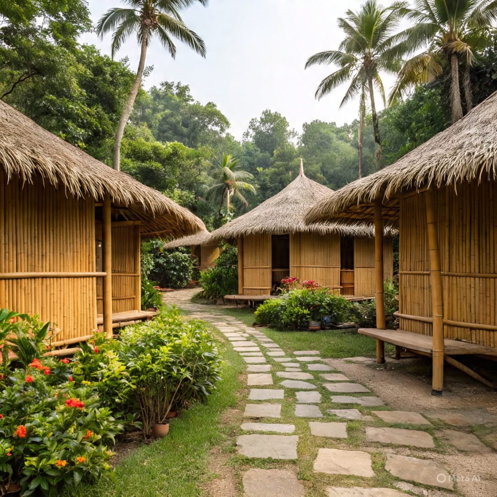 eco-friendly bamboo ranch-houses surrounded by green garden