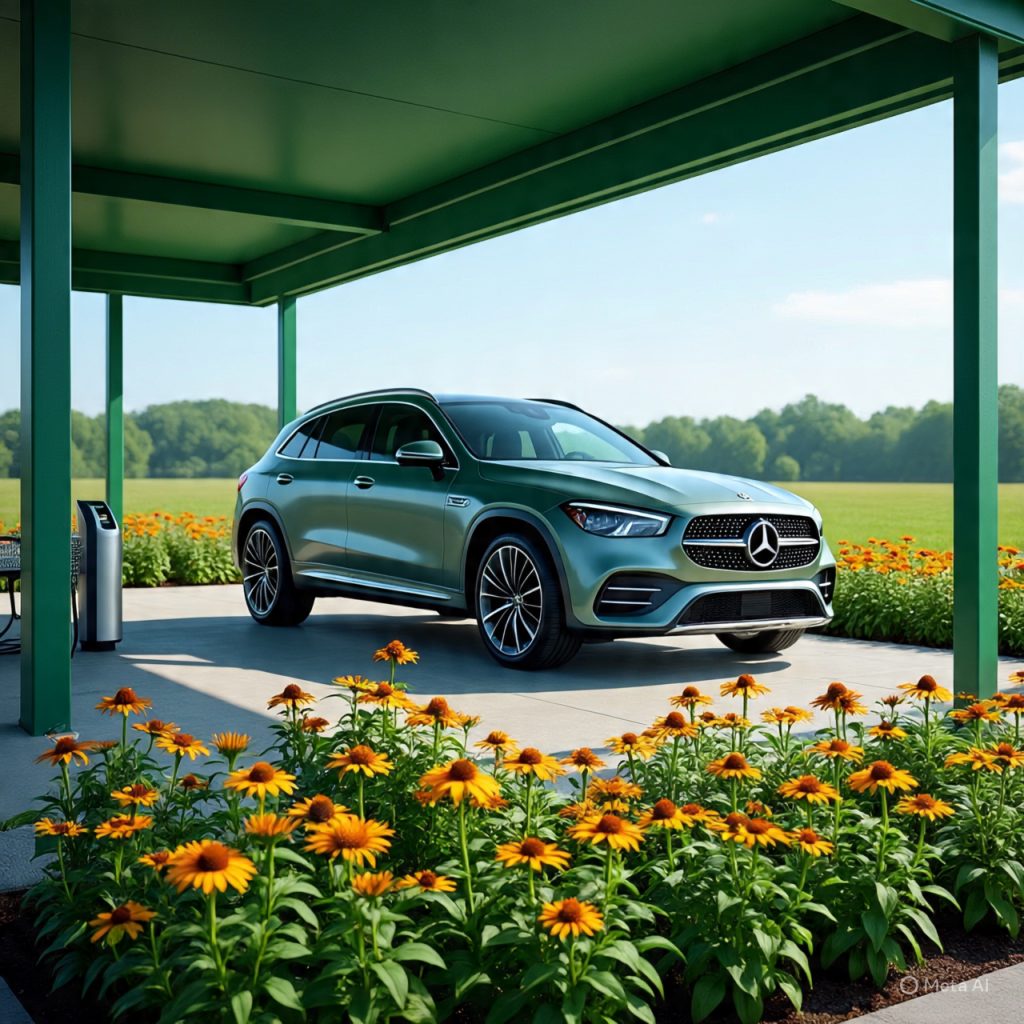 Modern car porch ideas 2026 with green roof and pollinator flower beds around 2026 Mercedes EQE SUV.