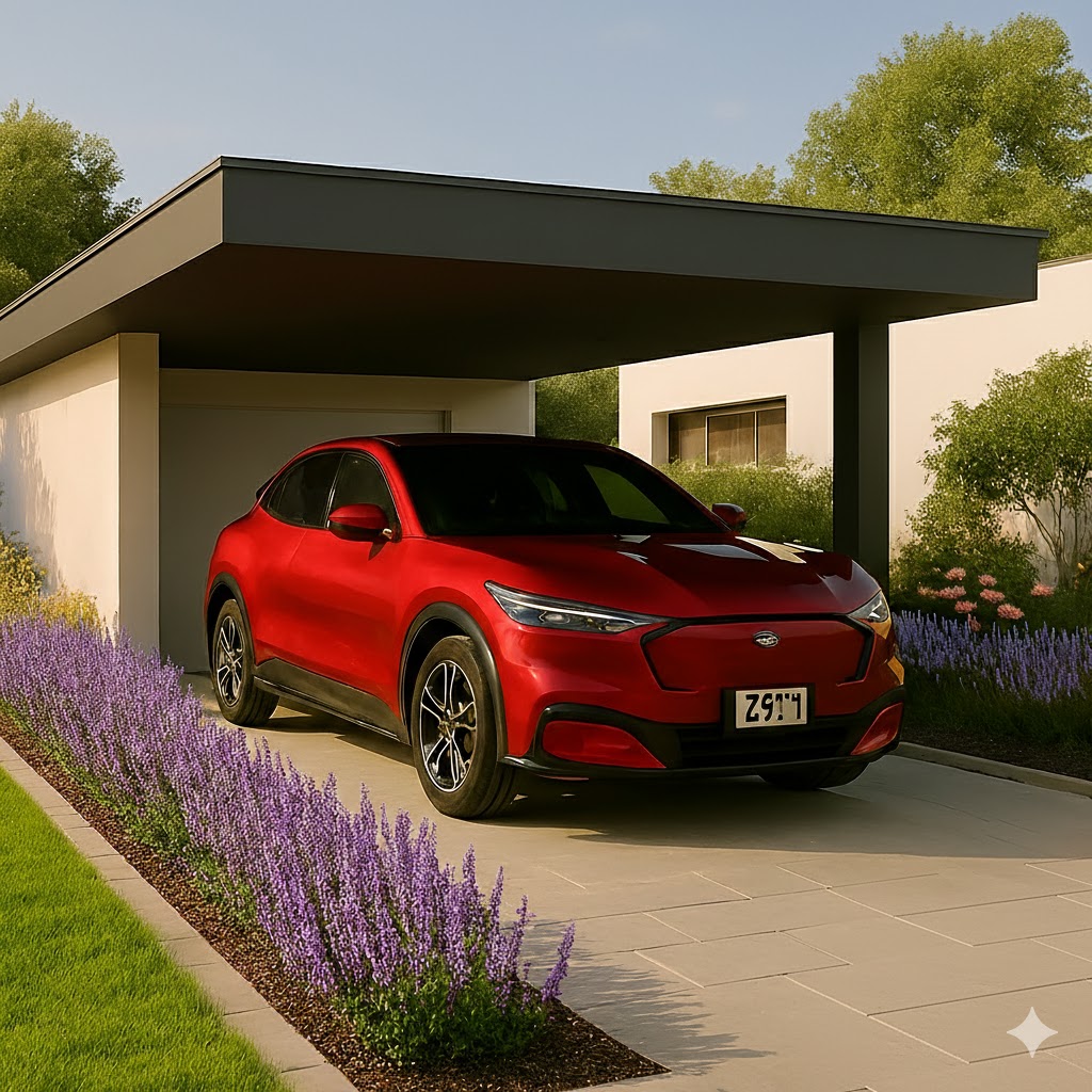 Modern car porch ideas 2026 with flower border beds and 2026 Ford Mustang Mach-E exiting minimalist home.