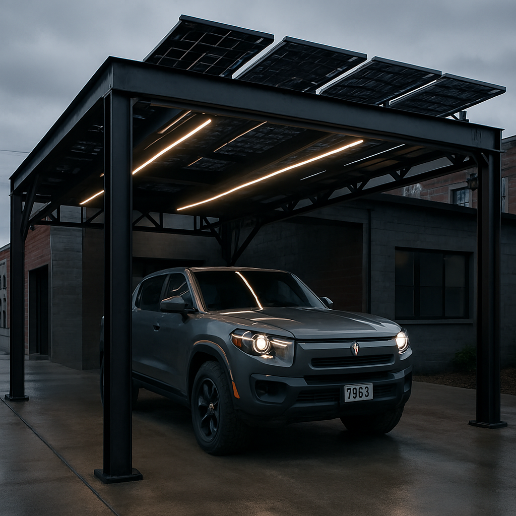 Modern car porch designs in industrial metal with 2026 Rivian R2 exiting city driveway.
