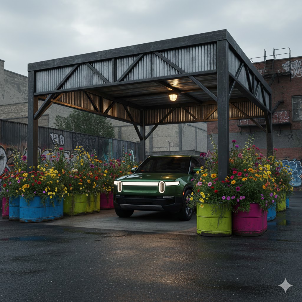 Modern car porch designs in metal with container flower gardens and 2026 Rivian R2 exiting.