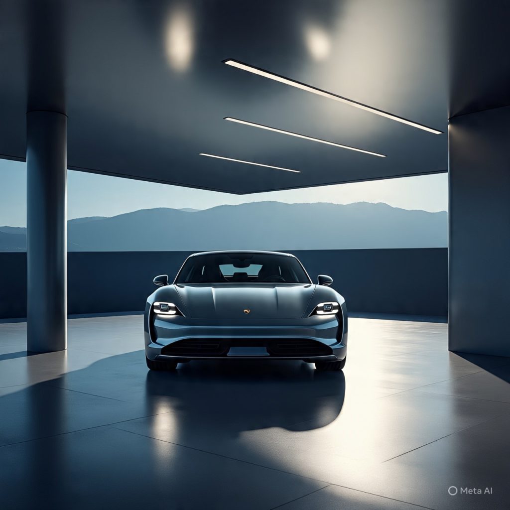 Modern car porch ceiling designs geometric baffles with LEDs and 2026 Porsche Taycan entering.