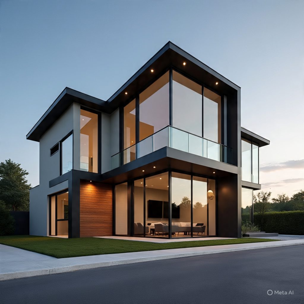 Front elevation showcasing modern house design with glass and textures