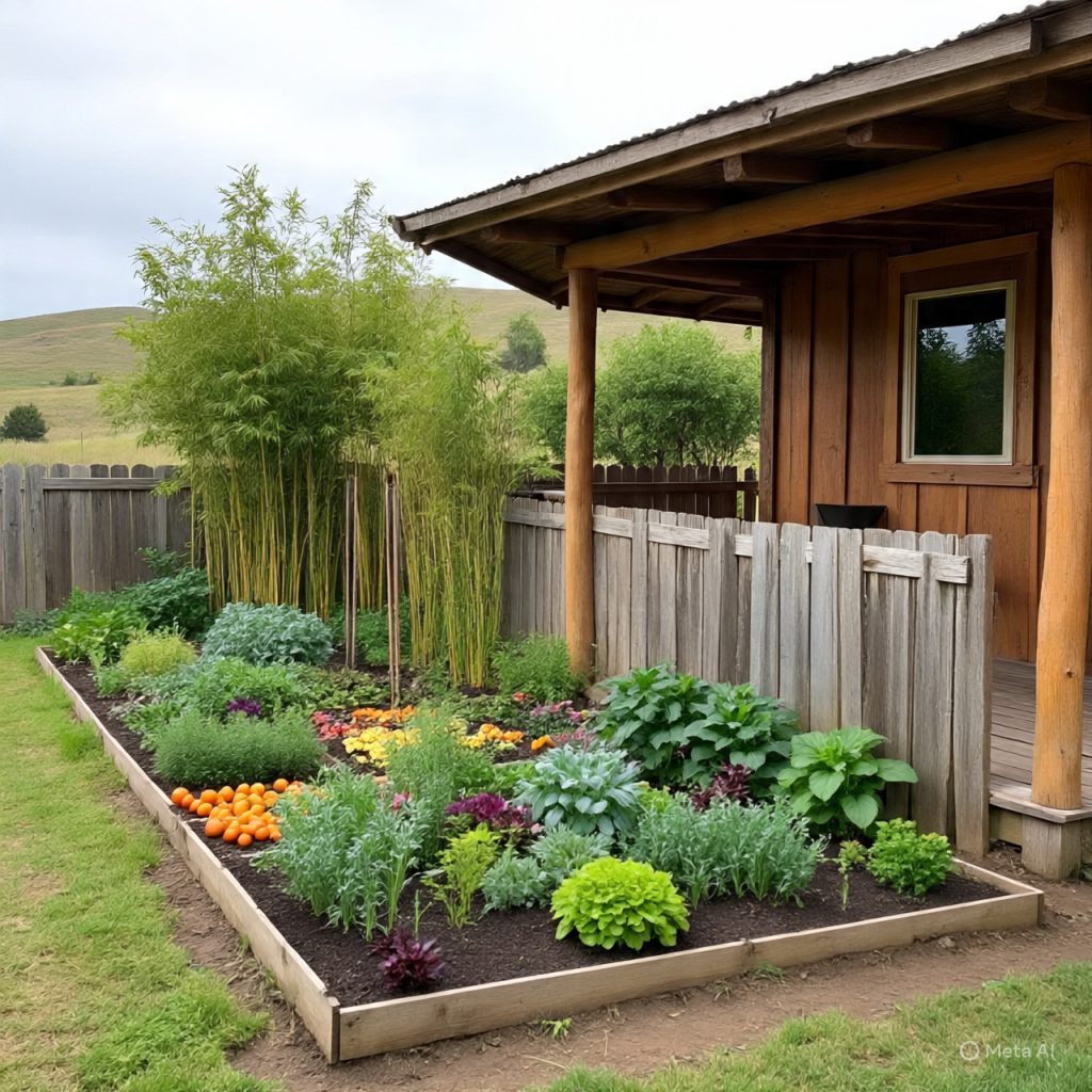 Natural bamboo deck beside landscaped garden
