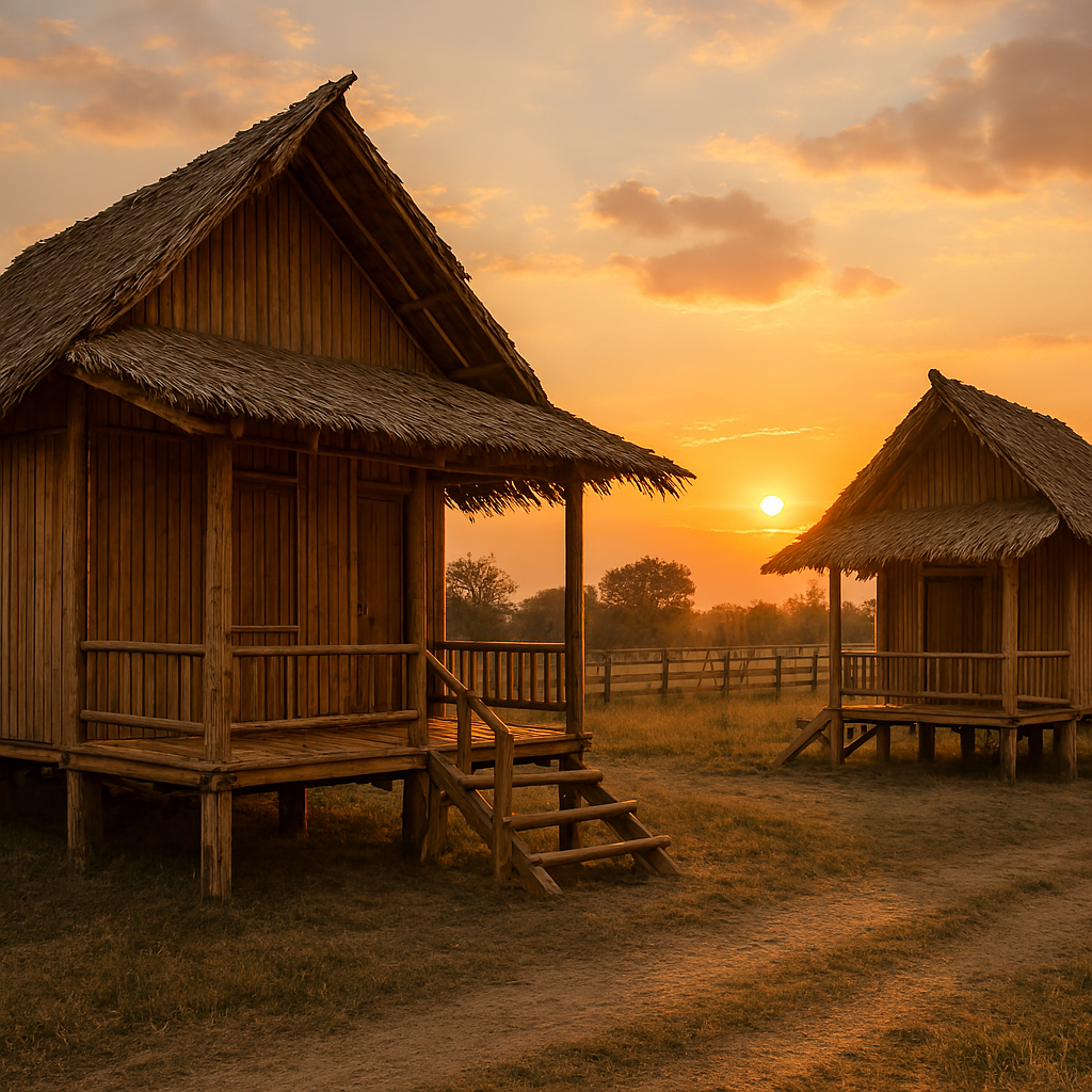 sunset view of bamboo-ranch-houses exterior design