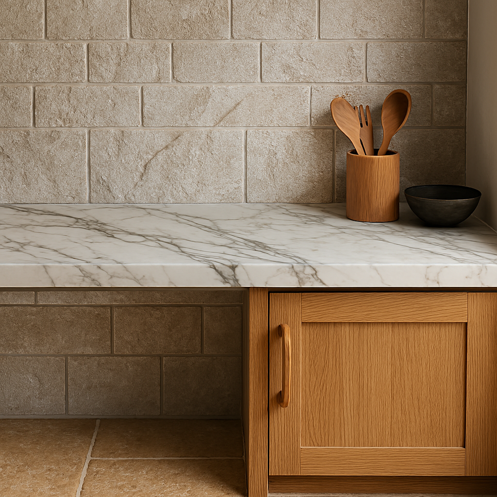"2026 kitchen materials countertops backsplashes natural stone and textured tiles"