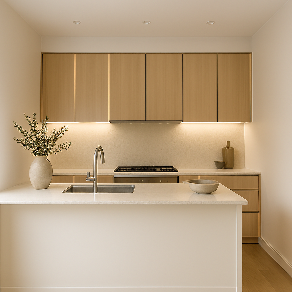 Neutral kitchen with cohesive cabinetry and lighting