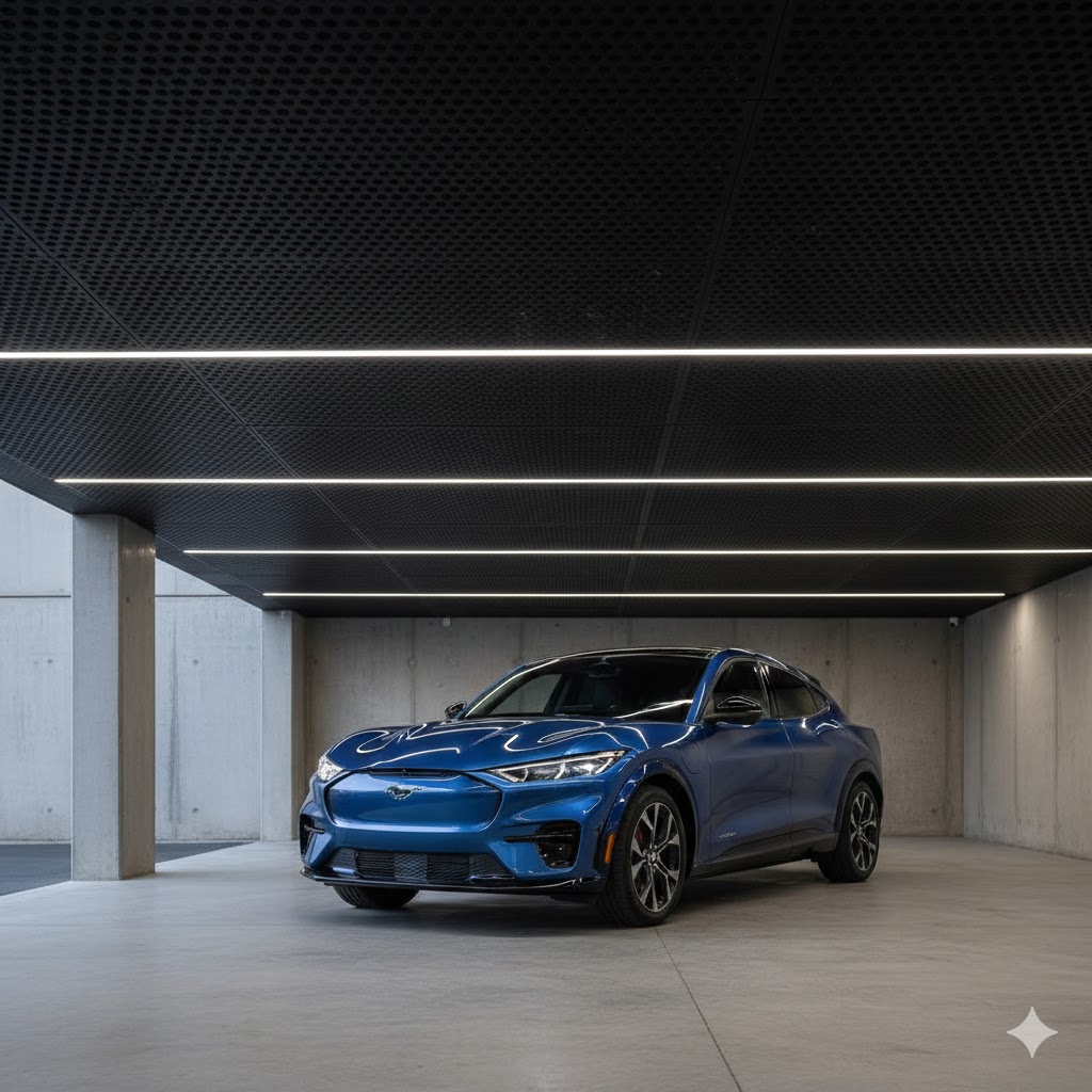 Modern car porch ceiling designs perforated metal with 2026 Ford Mustang Mach-E under diffused light.