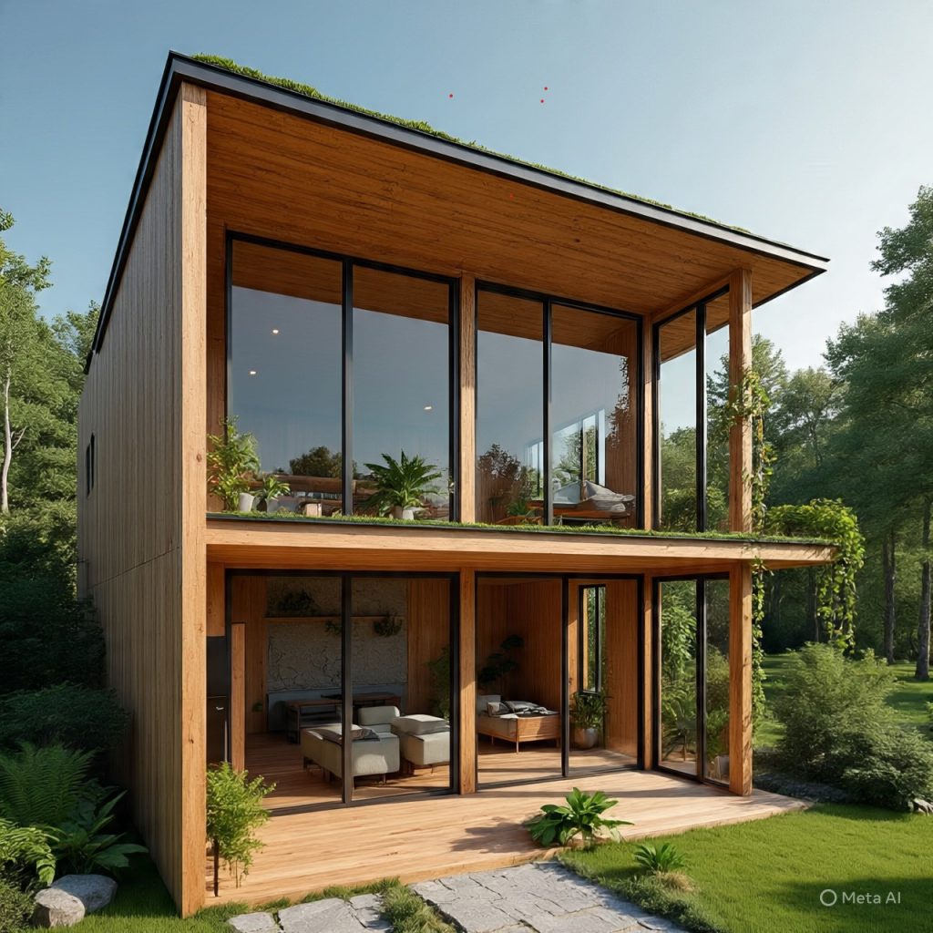 Sustainable green architecture featuring natural wood, recycled materials, green roof, and biophilic design elements