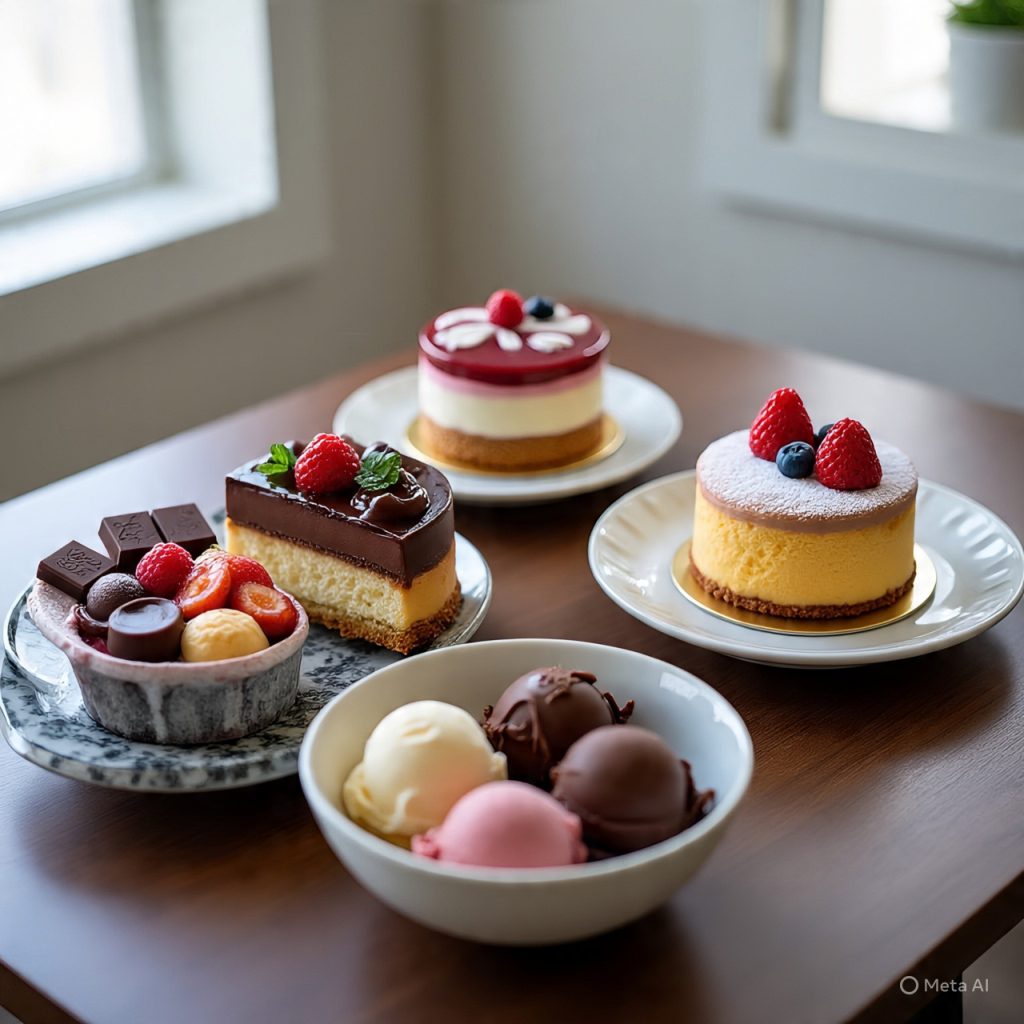 Beautiful cakes, chocolate items & colorful ice creams creating a sweet dessert spread