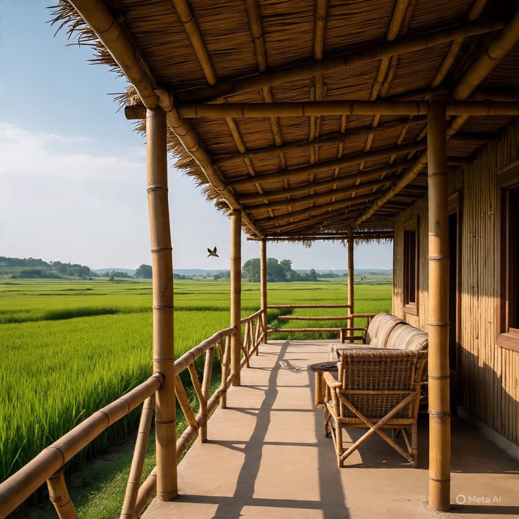 Minimalist bamboo ranch houses designed for sustainable living.