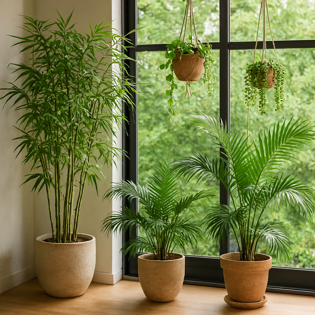 Indoor plants supporting bamboo interior garden integration and visual continuity