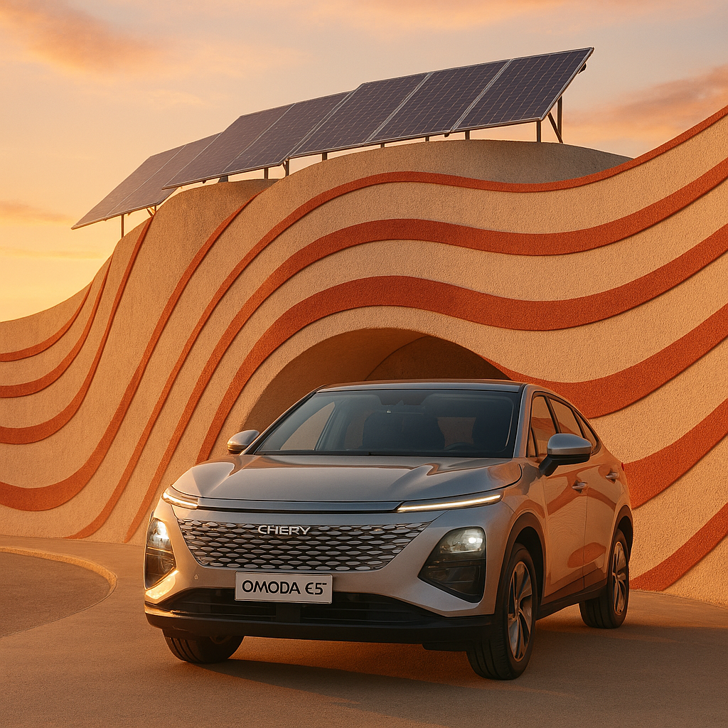 Modern Chinese front elevation designs curved wave with red highlights and 2026 Chery Omoda E5 entering.