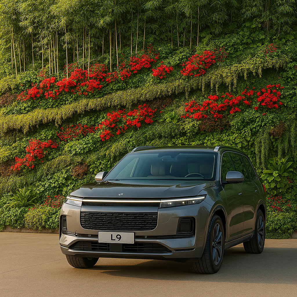 Modern Chinese front elevation designs vertical garden with 2026 Li Auto L9 entering blooming space.