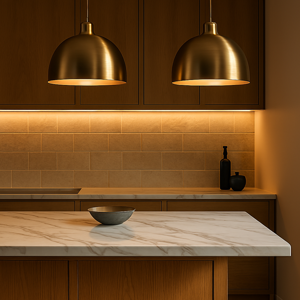 "kitchen lighting ideas 2026 statement pendants and layered LEDs over island"