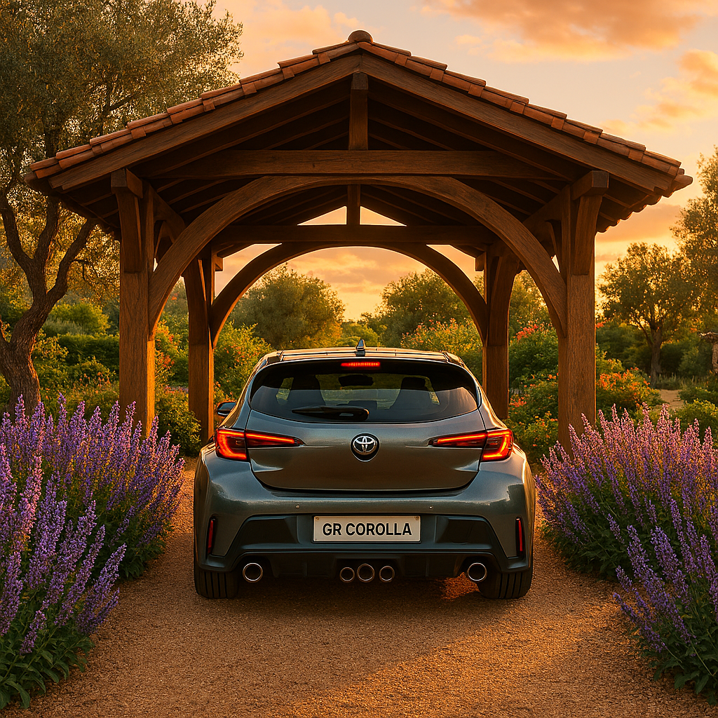 Modern car porch designs arched wood with blooming flower borders and 2026 Toyota GR Corolla exiting.