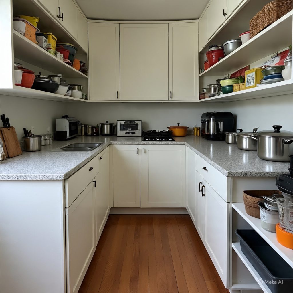 All-white kitchen with excessive open shelving and cluttered counters showing common kitchen design mistakes in modern homes
