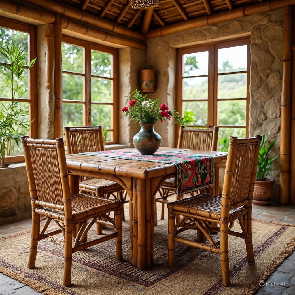 Elegant bamboo-ranch-houses bedroom with bamboo furniture, soft lighting, calm natural mood