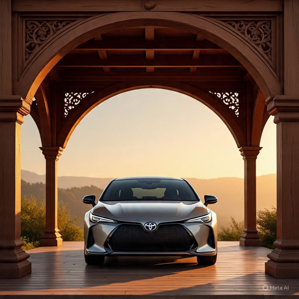 Modern car porch designs with arched wood and 2026 Toyota GR Corolla exiting warm villa.