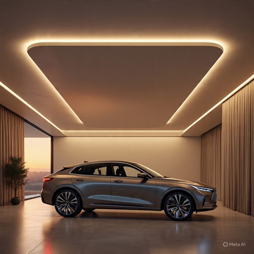 Modern car porch ceiling designs tray style with LED cove and 2026 Kia EV9 entering.