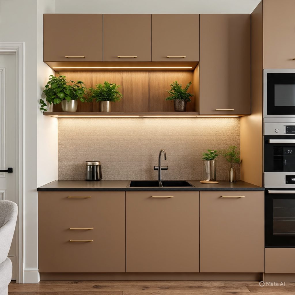Budget-friendly kitchen design ideas featuring warm neutral cabinets, matte black hardware, peel-and-stick backsplash, and LED lighting in a modern Pakistani apartment