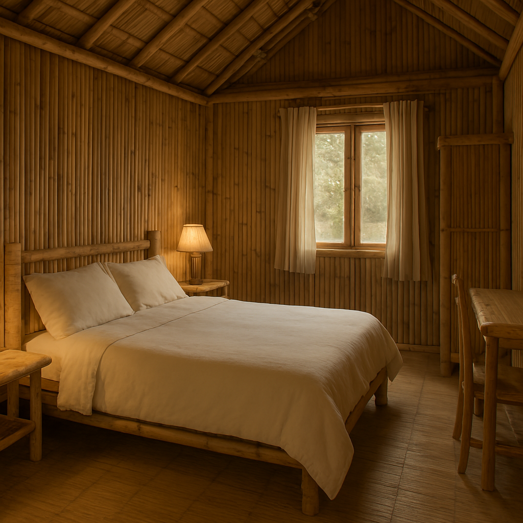 bedroom setup inside bamboo-ranch-houses with bamboo furniture