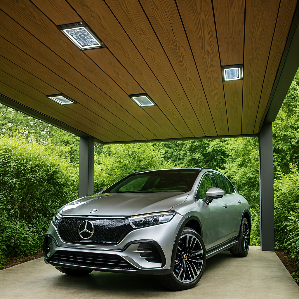 Modern car porch ceiling designs eco composite with 2026 Mercedes EQE under sustainable lighting.