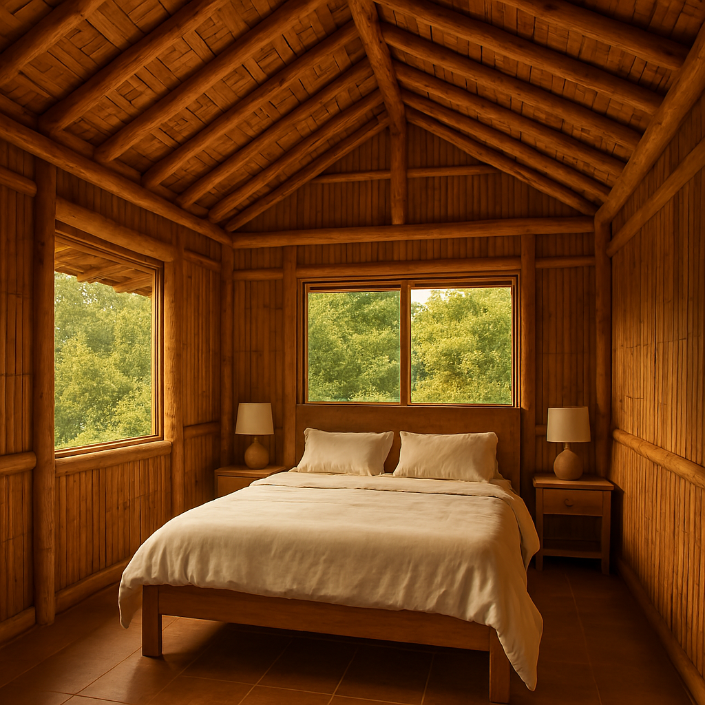 Interior view of bamboo ranch houses with exposed bamboo ceiling.