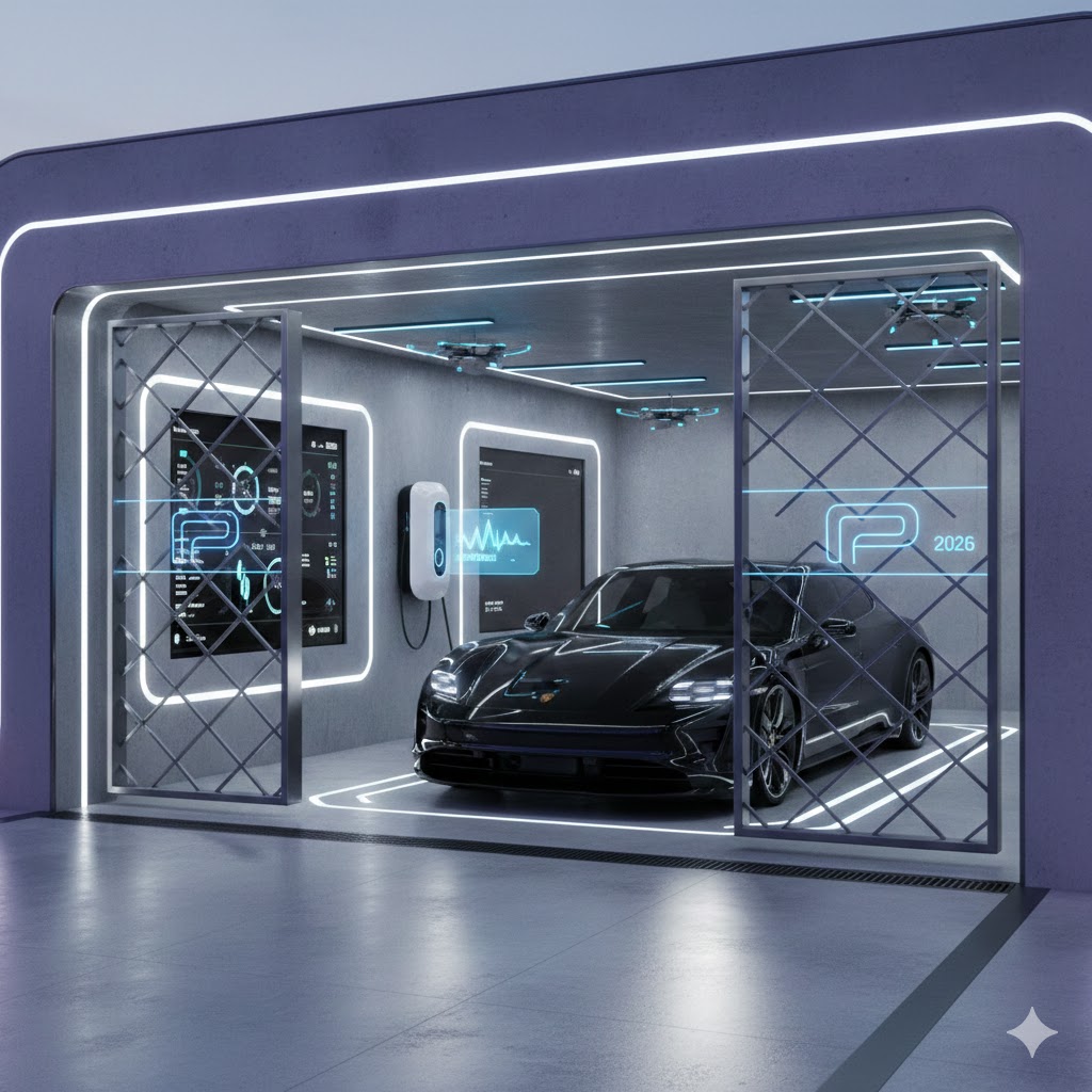 Modern car porch designs with smart tech and 2026 Porsche Taycan entering innovative space.