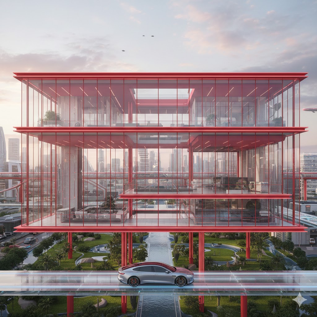 Modern Chinese front elevation designs glass with red frames and 2026 Zeekr 001 entering transparent home.