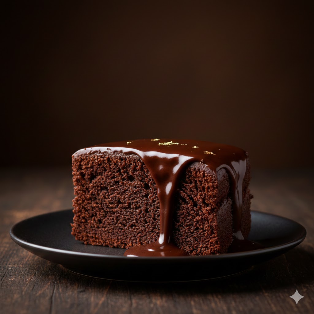 Moist chocolate cake slice with rich ganache topping and smooth texture