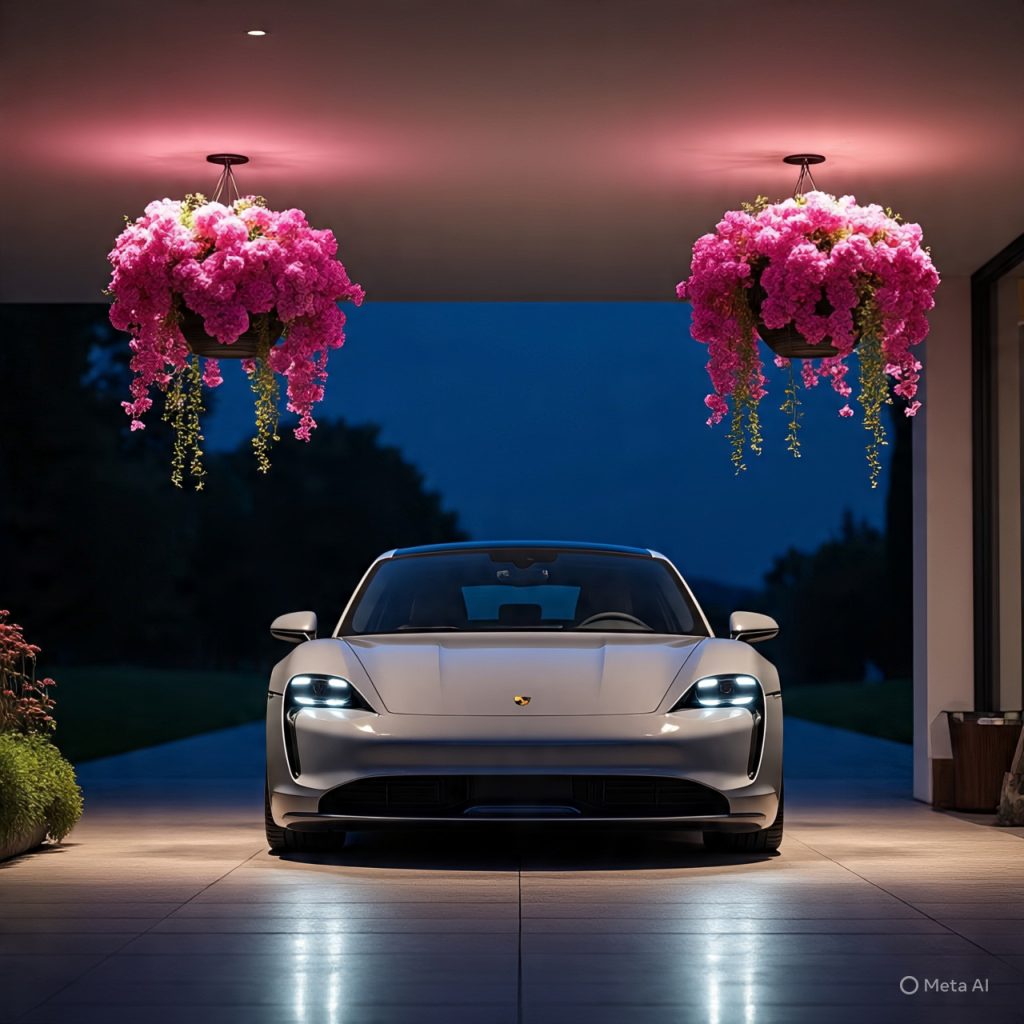 Modern car porch designs with smart features and hanging flower baskets, 2026 Porsche Taycan entering.