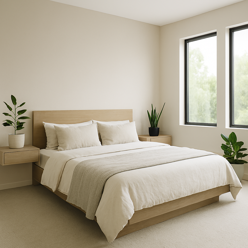Calm and minimalist bedroom in modern house design
