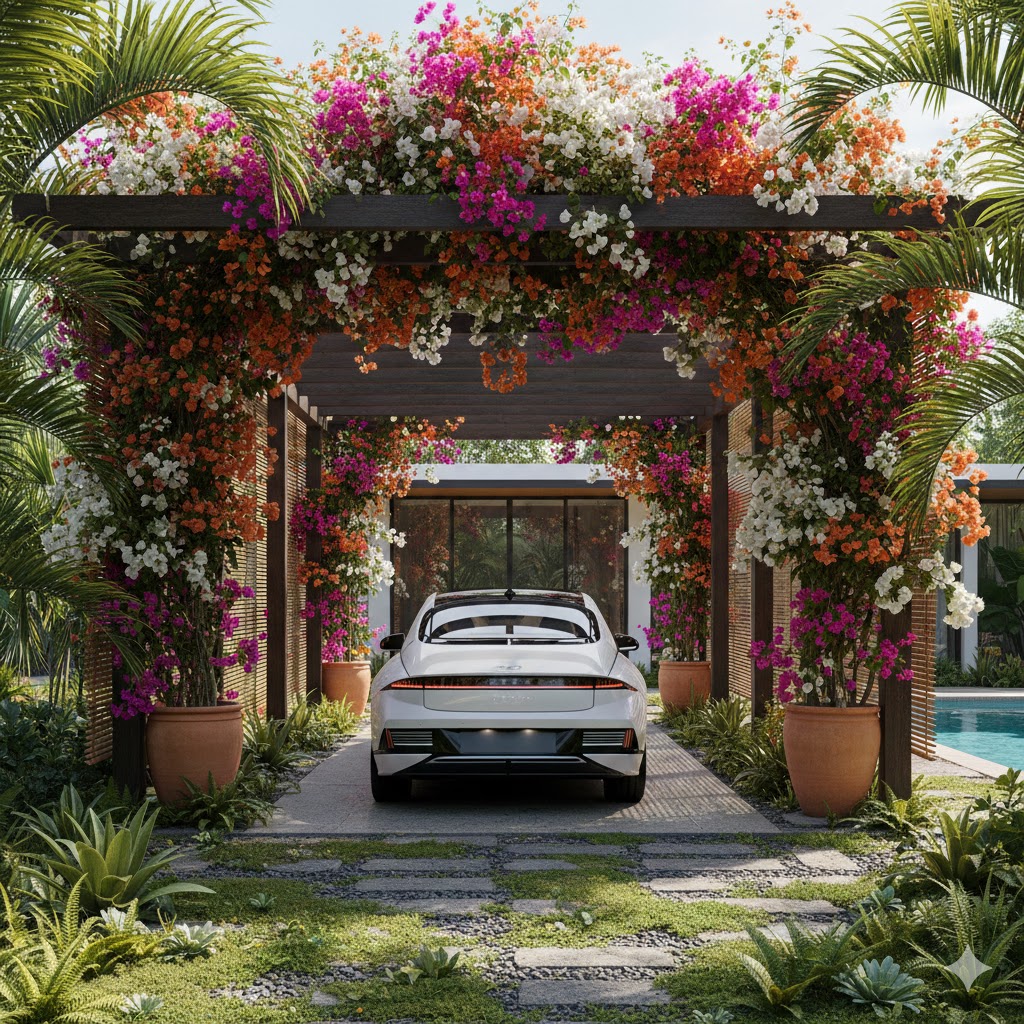 Modern car porch designs ventilated with tropical flower planters and 2026 Hyundai Ioniq 6 exiting.