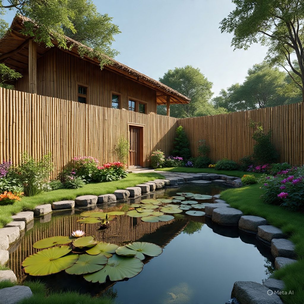  Eco-friendly bamboo-ranch-houses surrounded by green garden, stone pathways, tropical plants