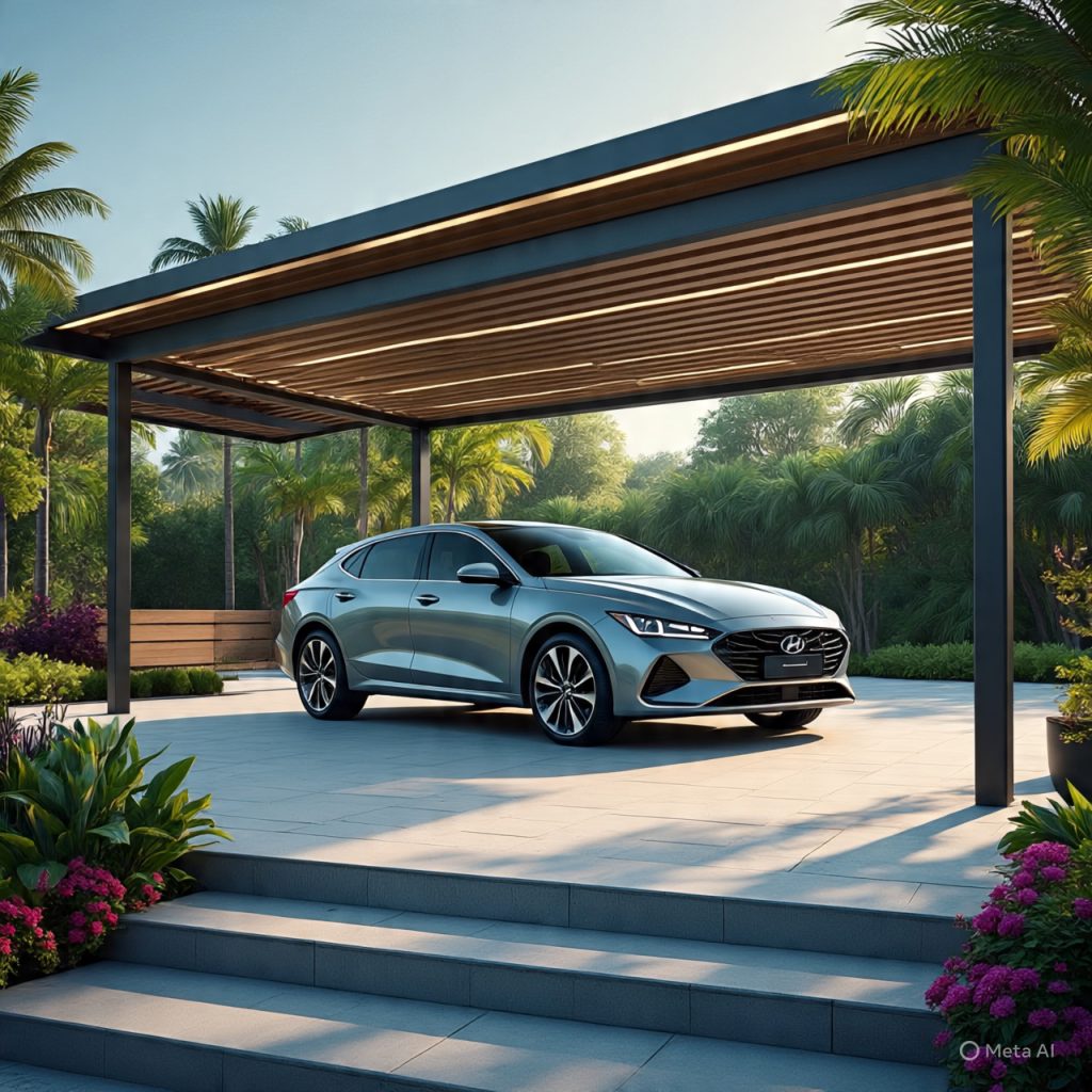 Modern car porch designs in open ventilated with 2026 Hyundai Ioniq 6 exiting shaded area.