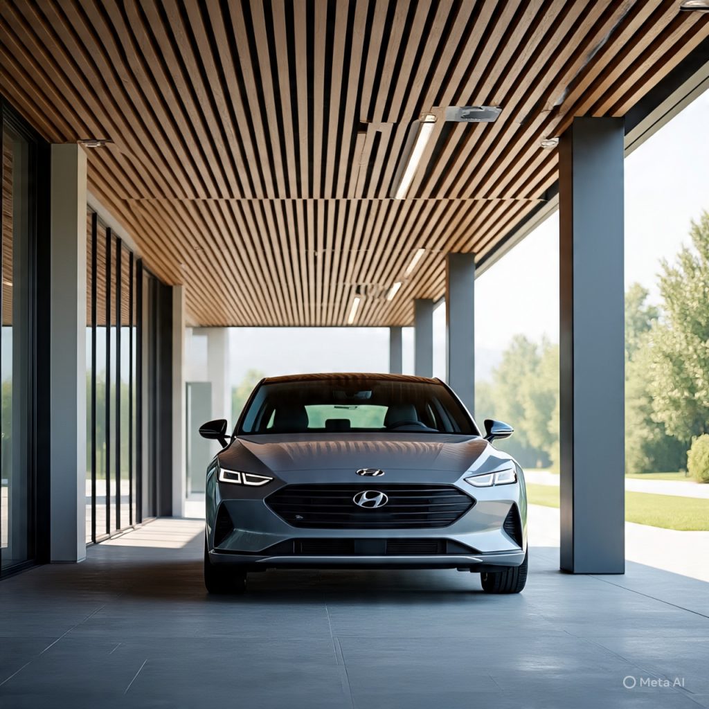 Modern car porch ceiling designs linear slats with LEDs and 2026 Hyundai Ioniq 6 exiting.