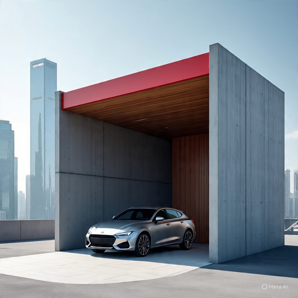 Modern Chinese front elevation designs asymmetrical geometry with 2026 Xpeng G9 exiting.