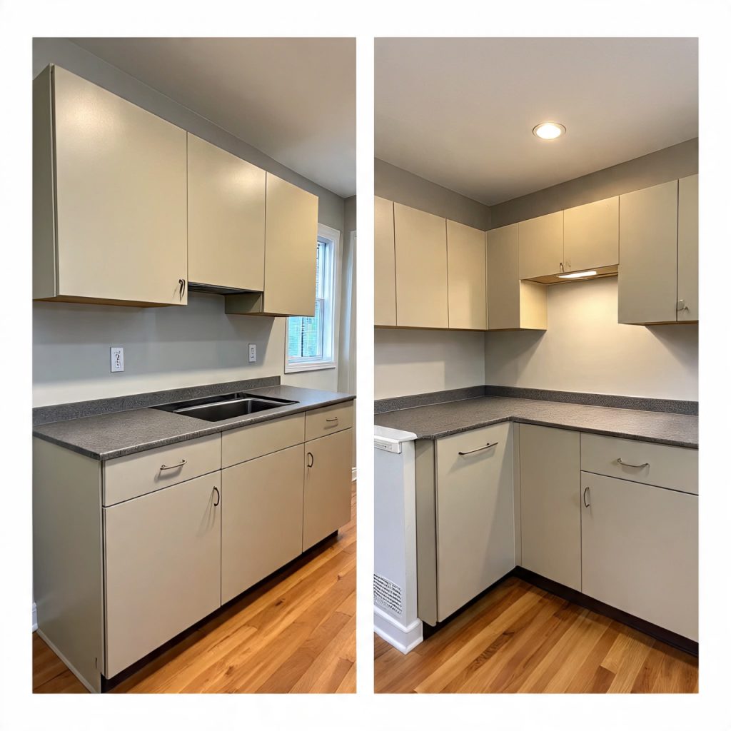 "real life small kitchen remodel example before after 2026 neutral design"
