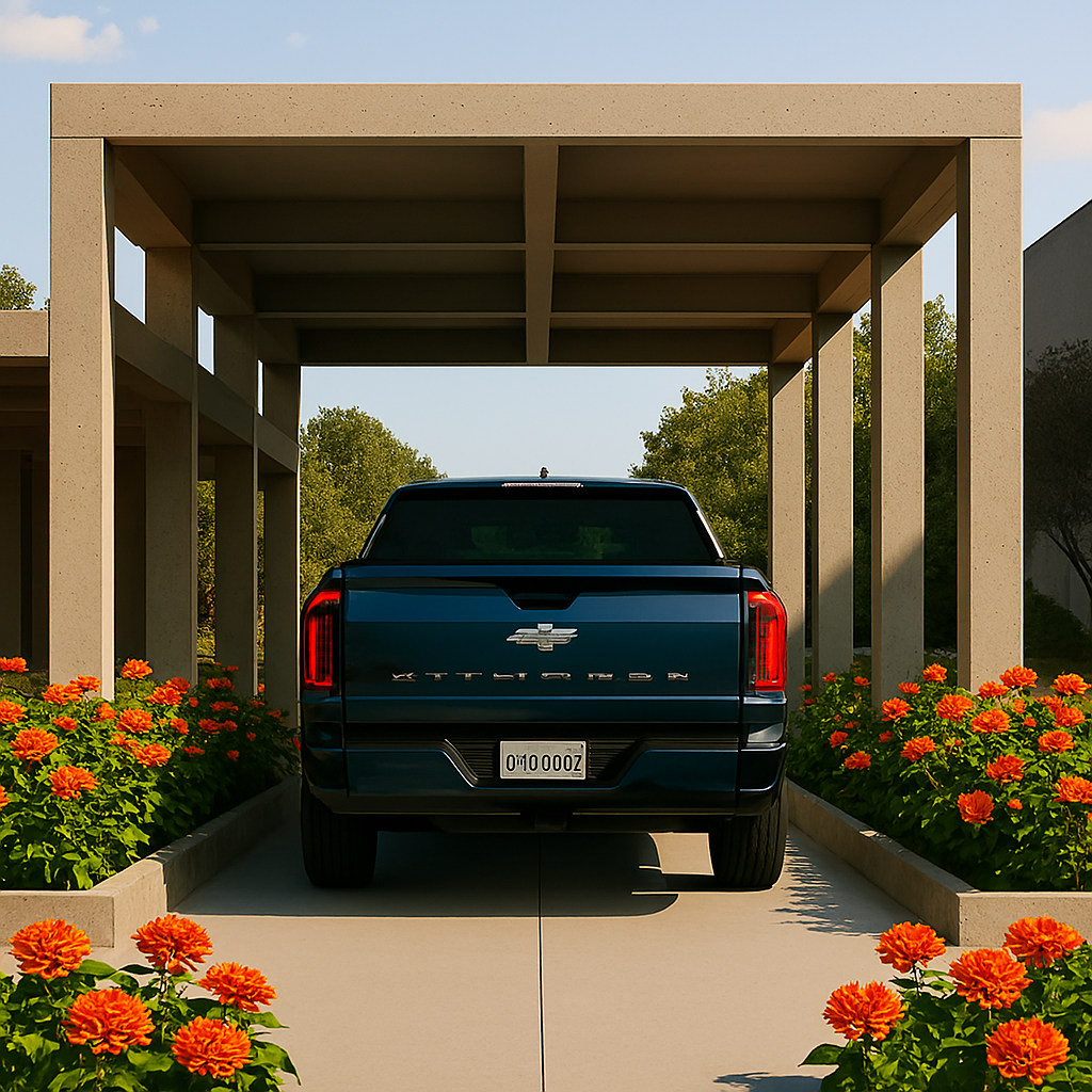 Modern car porch designs geometric with sculptural flower beds and 2026 Chevy Silverado EV entering.