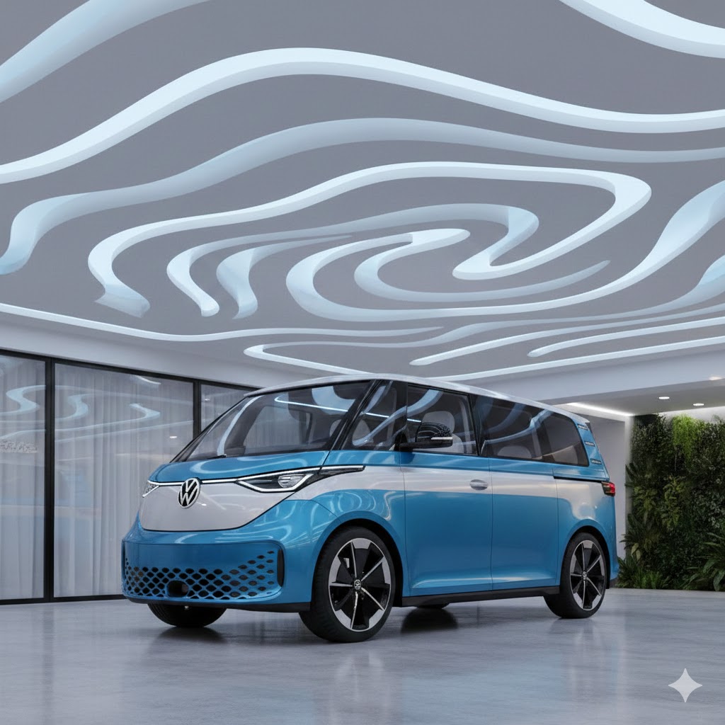 Modern car porch ceiling designs curved gypsum with LEDs and 2026 Volkswagen ID. Buzz entering.