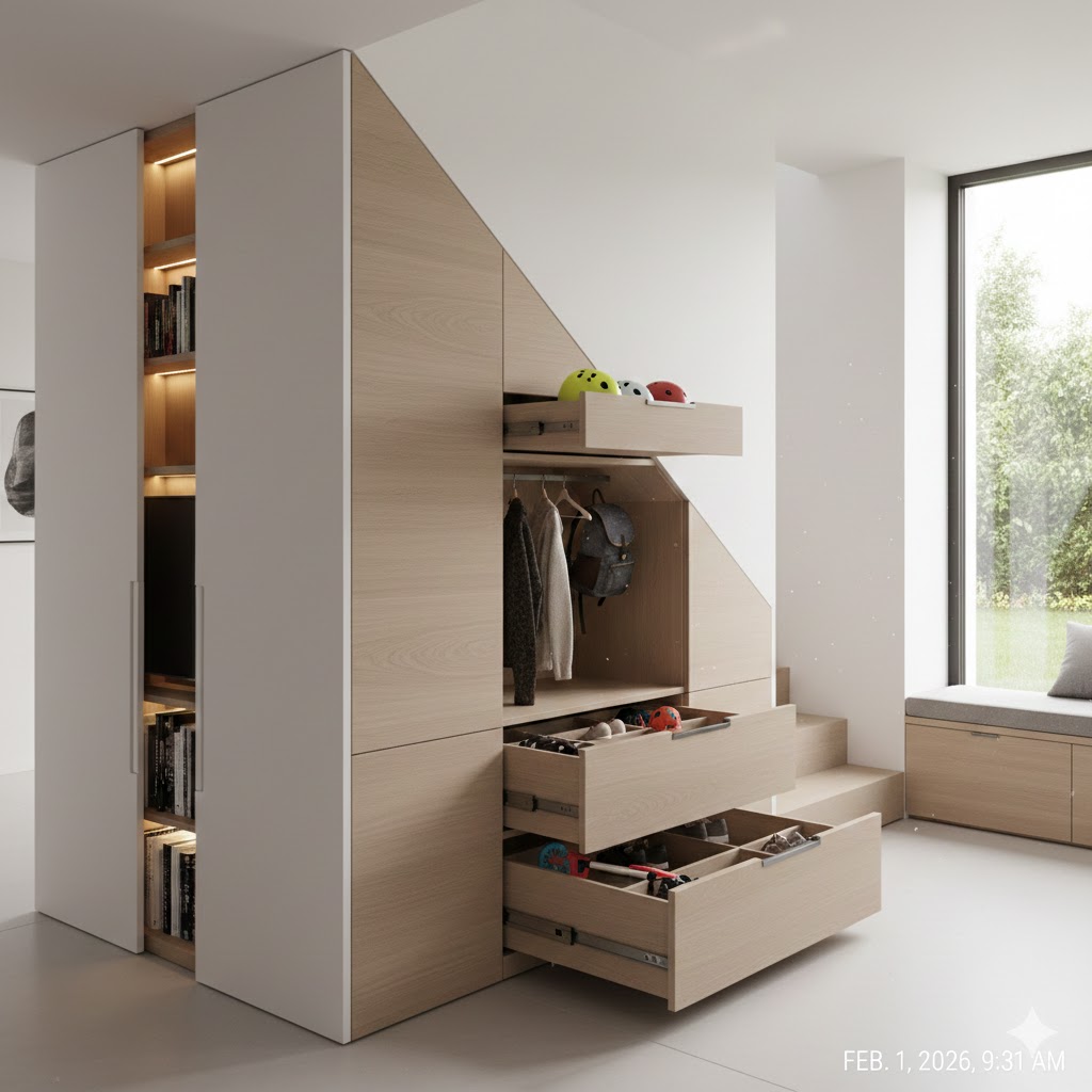 Smart storage solutions integrated into modern house design