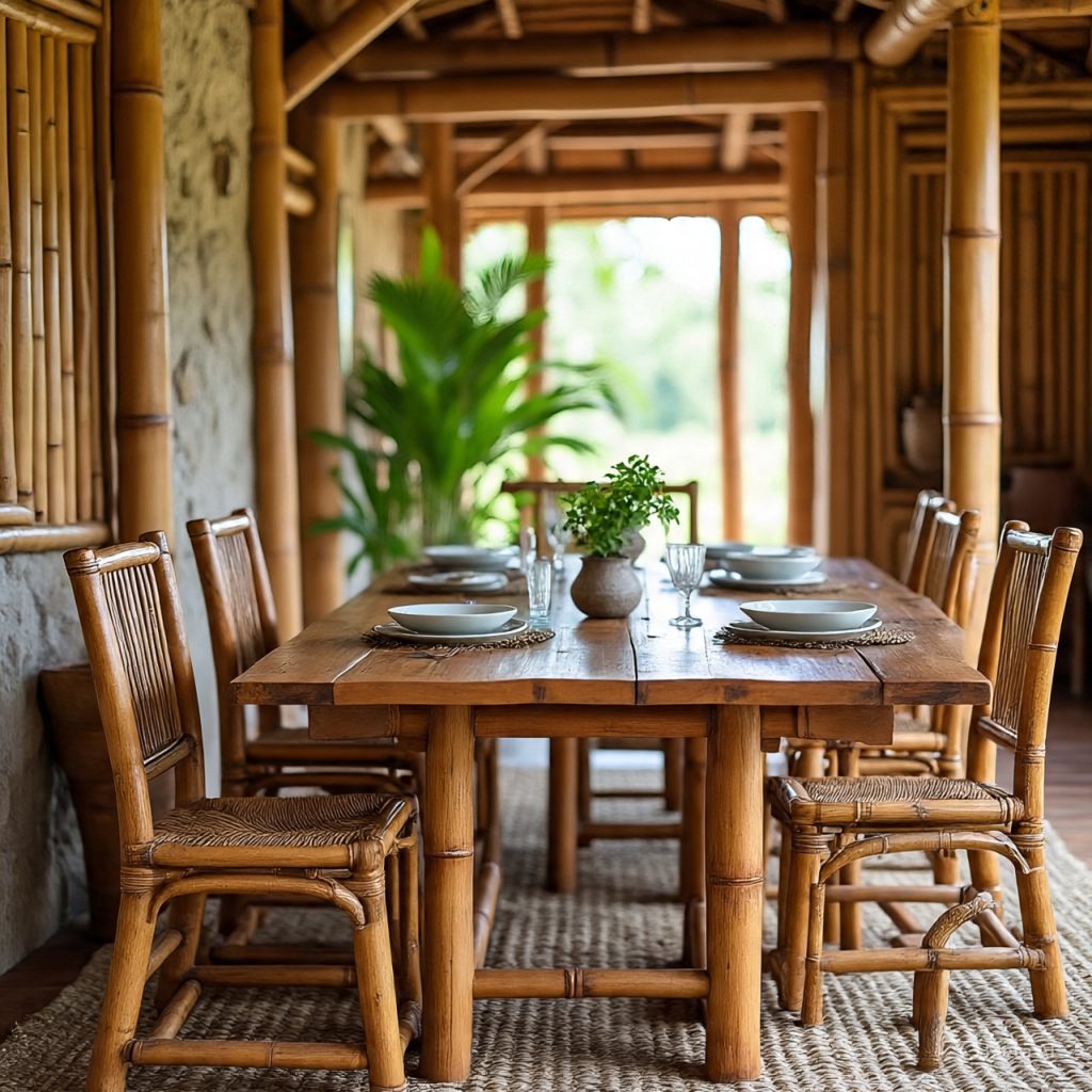 rustic dining area in bamboo-ranch-houses with handcrafted bamboo furniture