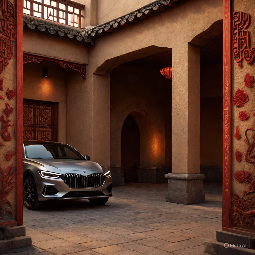 Modern Chinese front elevation designs earthy stucco with red highlights and 2026 Great Wall Ora 07 entering.