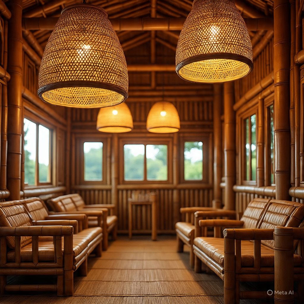 lighting design inside bamboo-ranch-houses with bamboo pendant lights