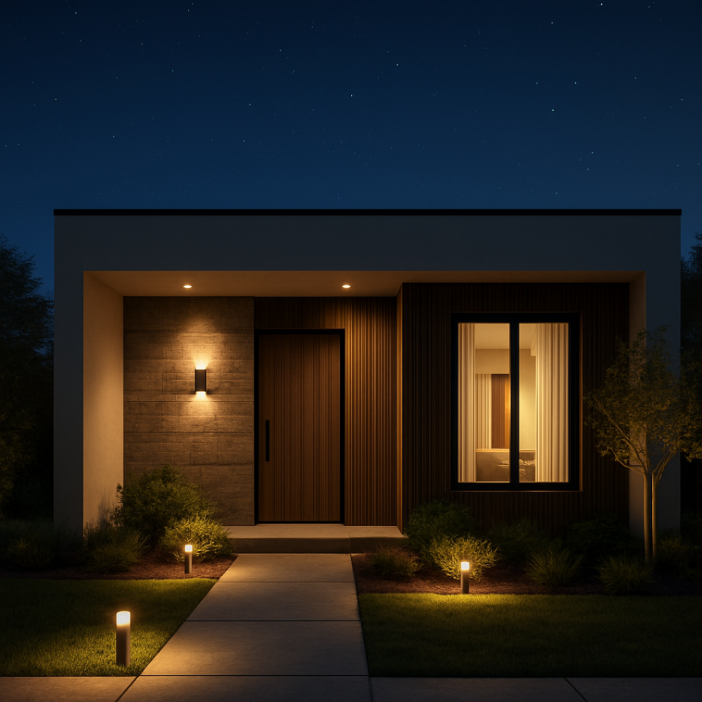 Small house front elevation enhanced with elegant night lighting