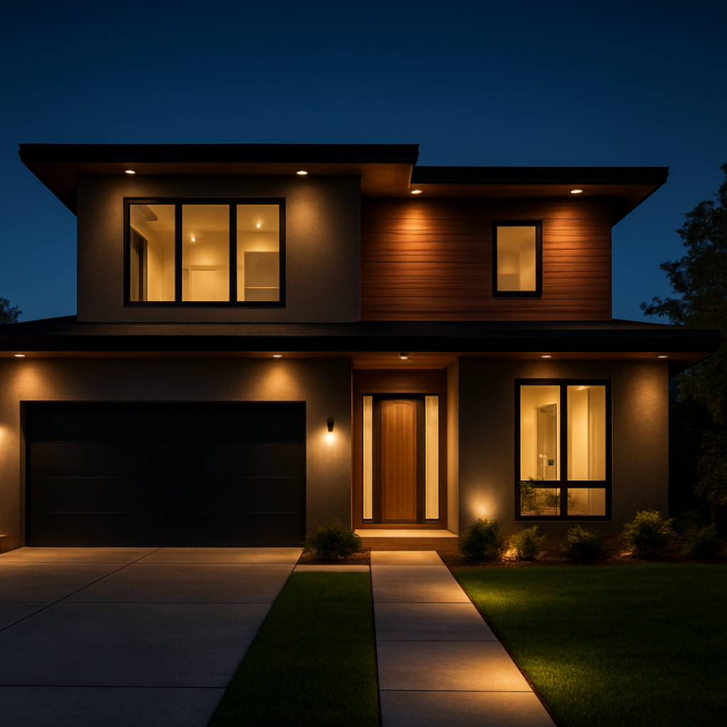 2 floor house elevation with elegant night lighting