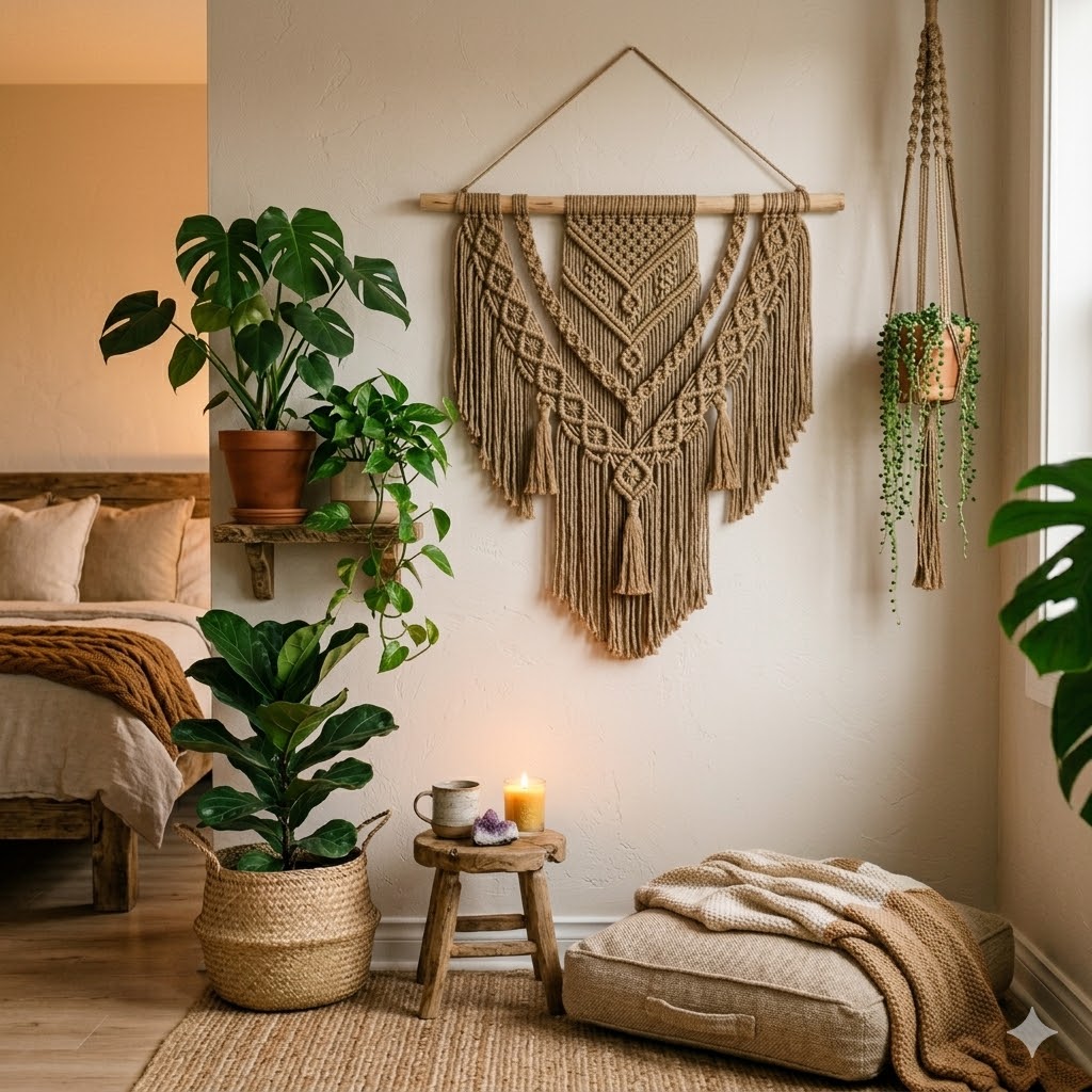 Rustic brown jute macramé wall hanging in a farmhouse-style living room with wooden furniture
