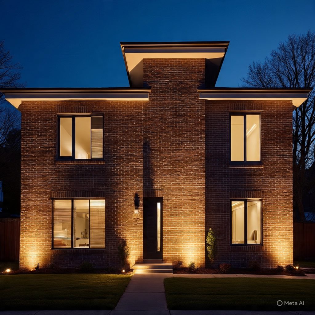 Modern brick elevation highlighted with night lighting